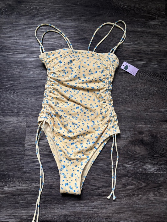 wild fable Other - wild fable Yellow Floral Ruched One-Piece Swimsuit with Blue Print